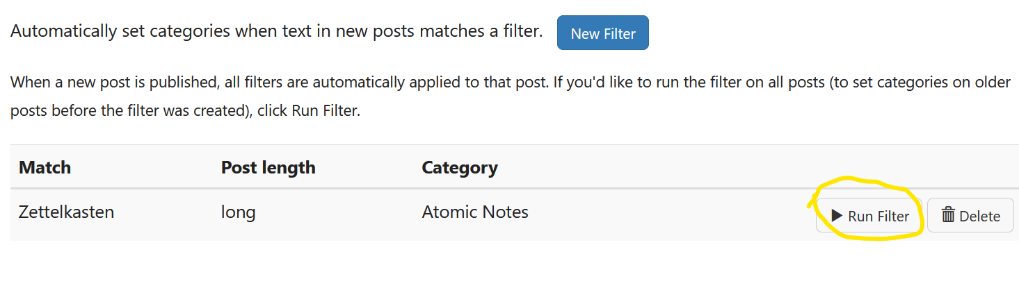 screenshot of how to run a filter in microdotblog