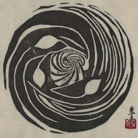 A spiral design by Google Bard, in the style of a woodblock print