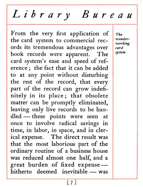  A page from The Story of Library Bureau discusses the advantages of a card system for managing records, including easy updates and cost savings.