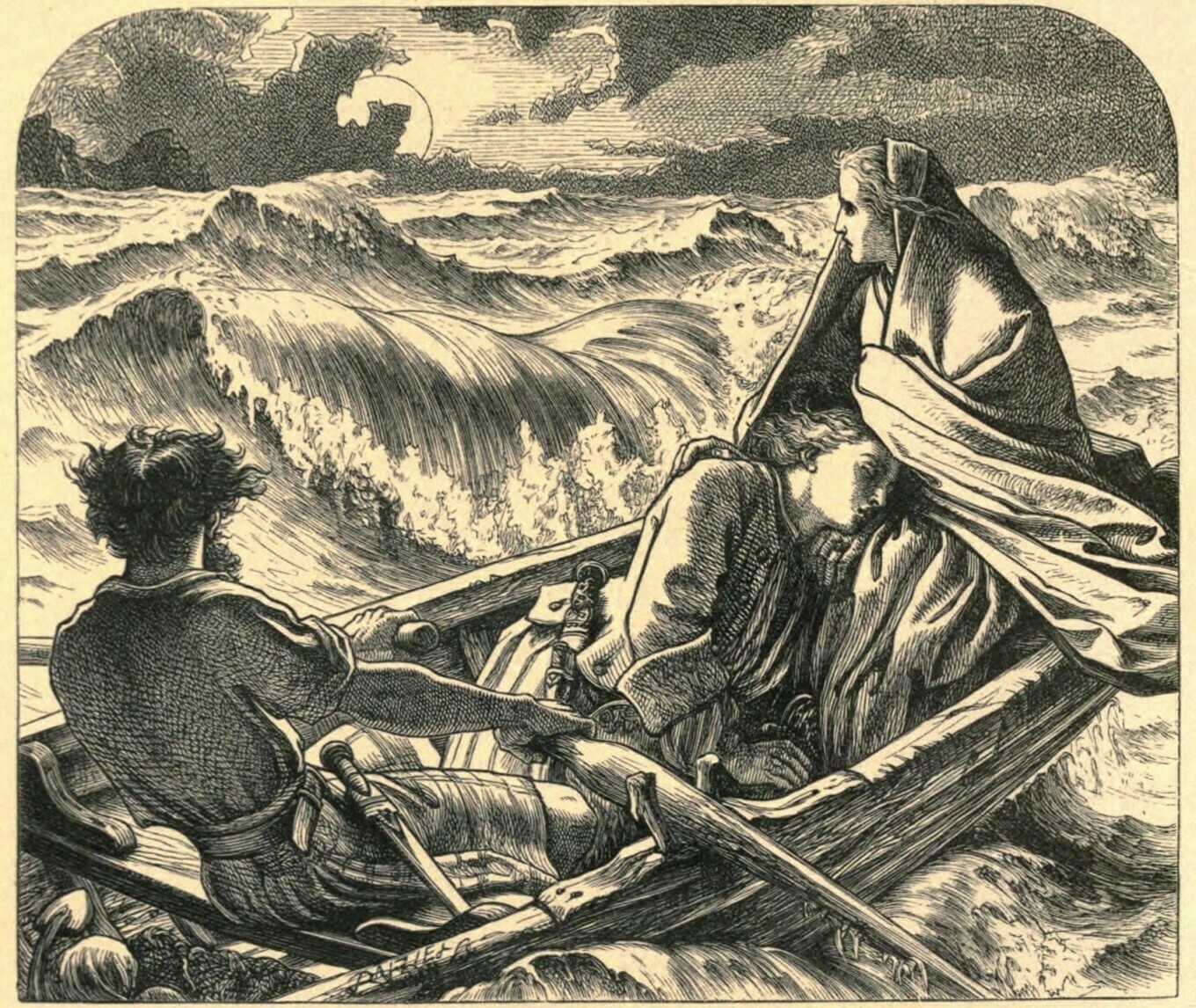 A black and white print showing Bonnie Prince Charlie crossing to the Isle of Skye in a small boat with Flora Macdonald, surrounded with dangerous waves.