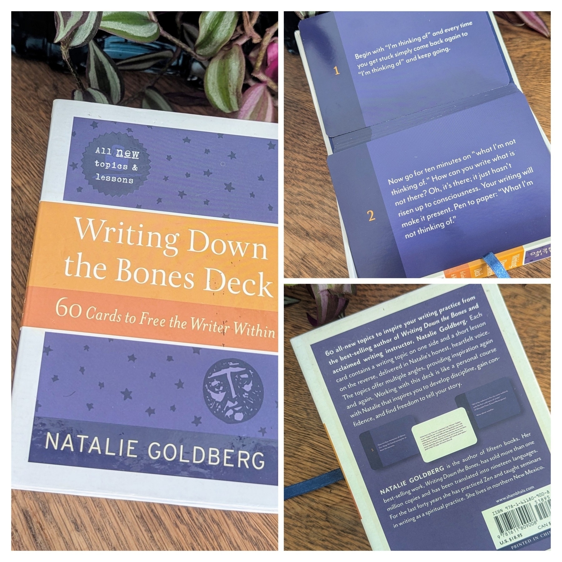 A card deck titled "Writing Down the Bones Deck" by Natalie Goldberg, designed to inspire and enhance writing skills, is shown alongside detailed views of individual cards and the packaging.