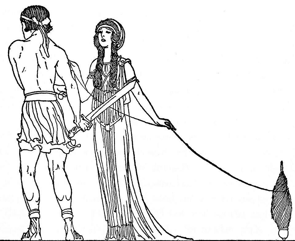 Theseus and Ariadne are depicted in classical attire, art nouveau-style. Theseus holds a sword and Ariadne offers him a long thread from a large spindle.