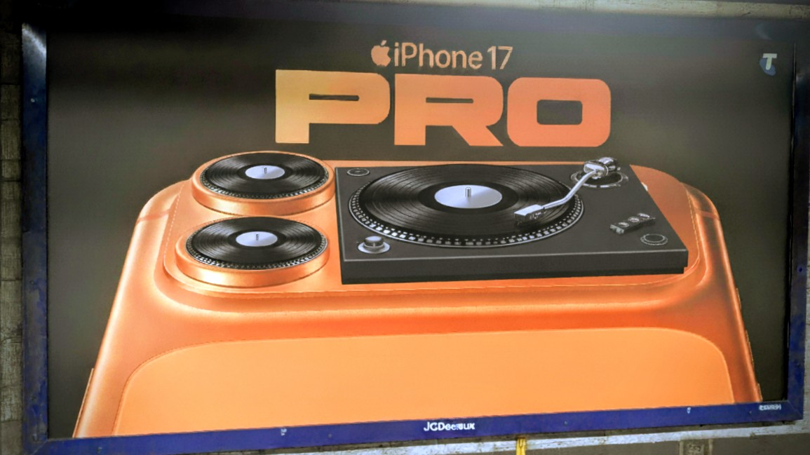 A billboard advertisement showcases the orange iPhone 17 Pro with a stylized design resembling a turntable. AI, obviously.