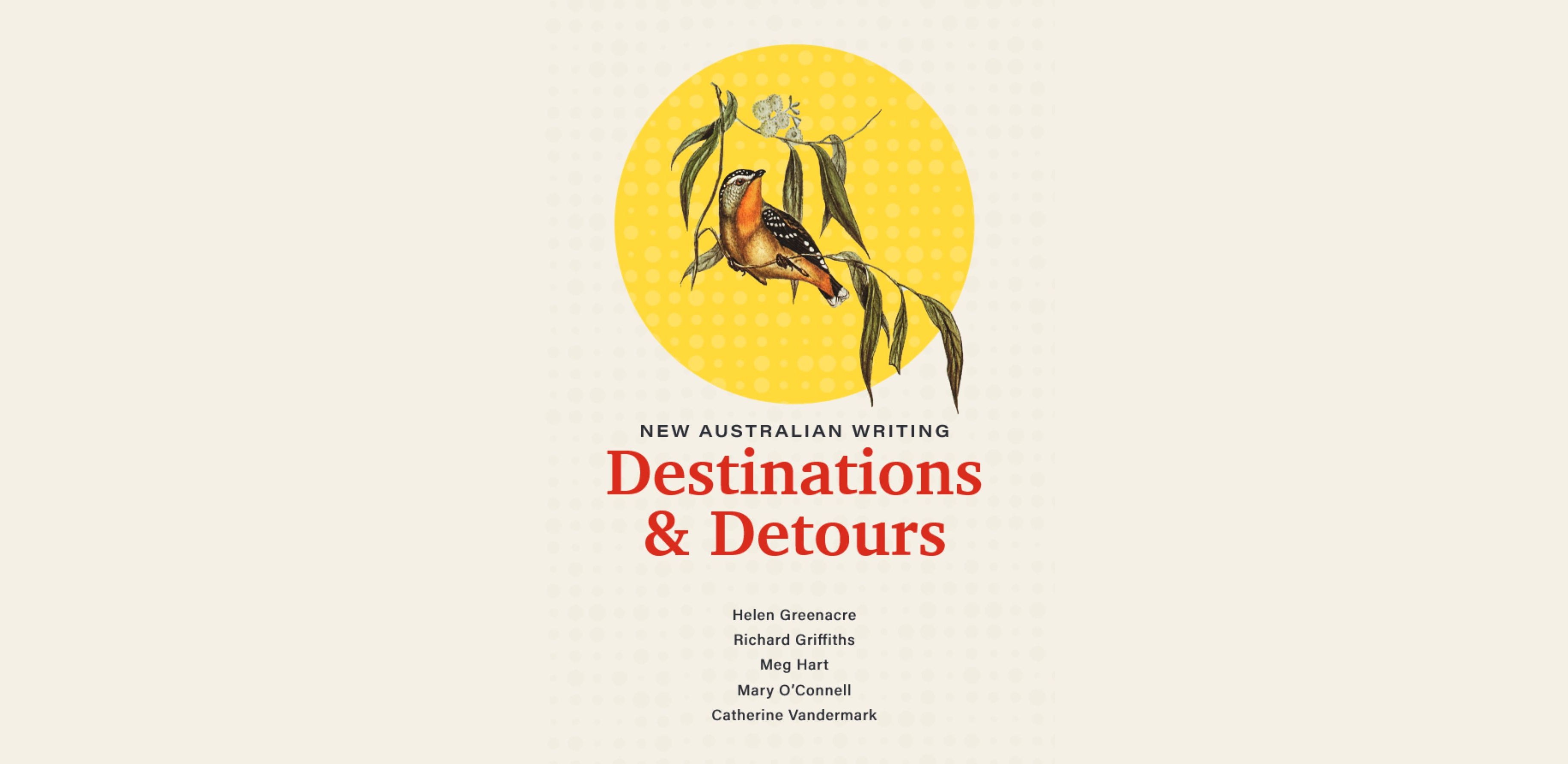 The book cover of Destinations & Detours features a bird inside a yellow circle, with the authors' names listed below.