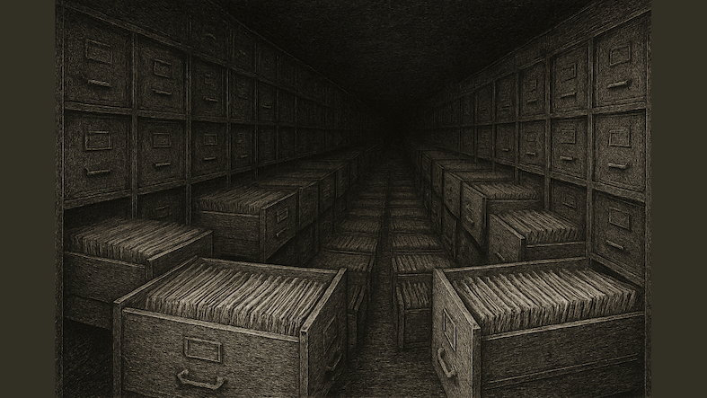 A dimly lit, endless row of open file cabinets filled with documents extends into darkness. ChatGPT made this image but it couldn't put the handles on the correct sides of the drawers.