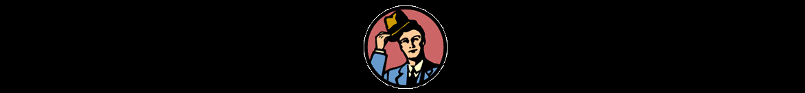 a circular cartoon logo of a man tipping his hat on a black background