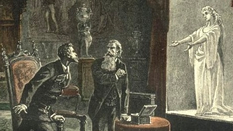 Two men are observing a holographic ghostly figure of a woman in a Victorian-era room.