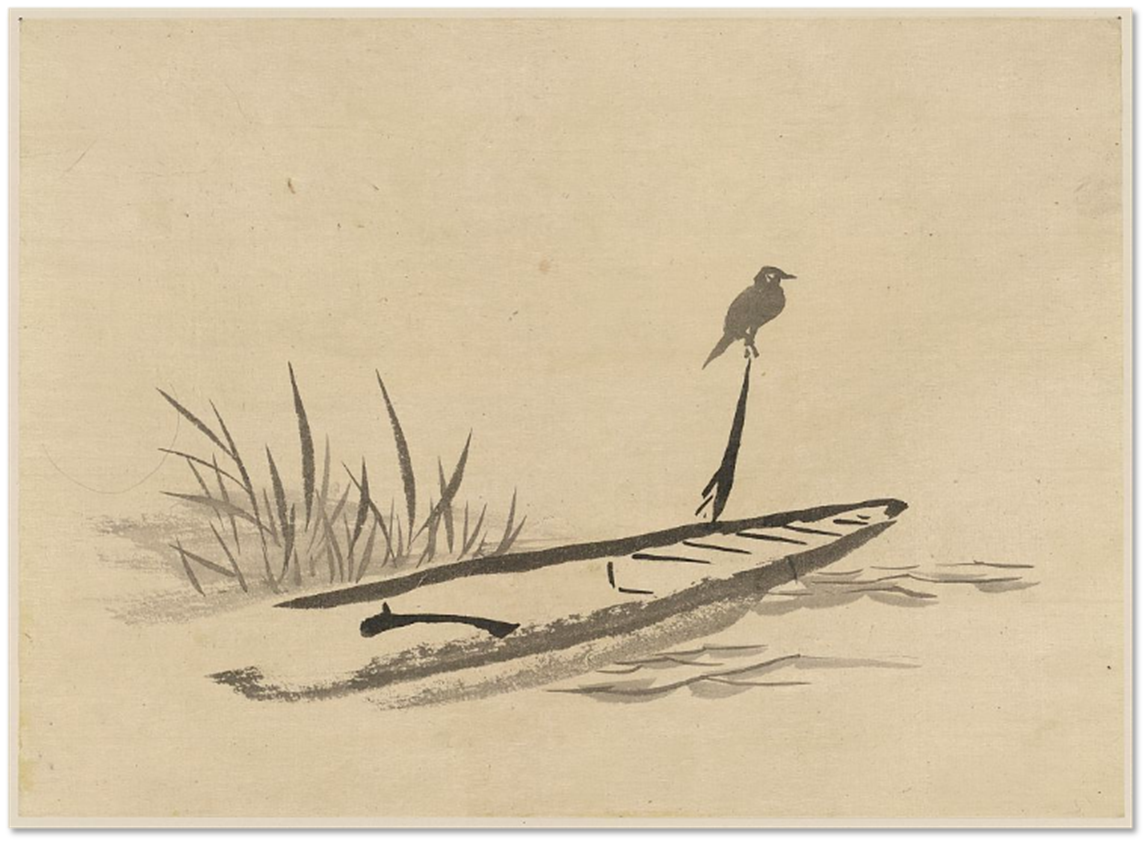 A bird is perched on the rudder of a small, simple boat near some reeds in a minimalist Japanese ink painting.