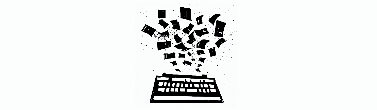 A keyboard is depicted with papers flying out from it in a dynamic, illustrated style.