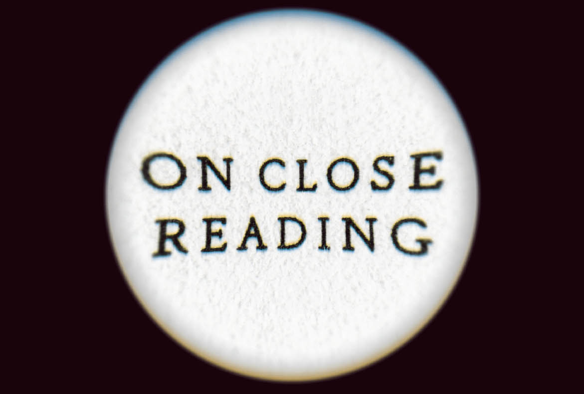 A circular area displays the text ON CLOSE READING in bold, black letters against a white background.