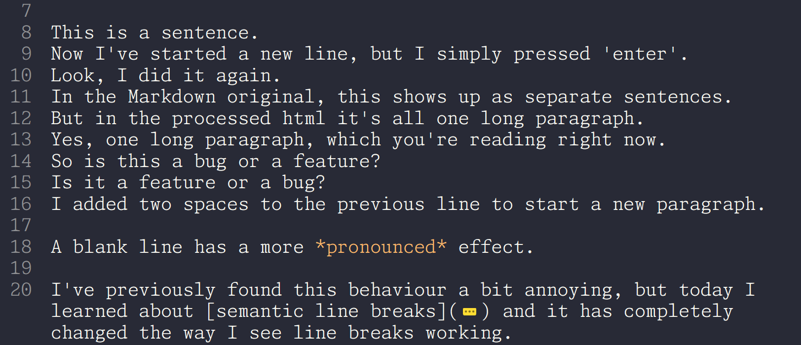 Auto-generated description: A text editor window displays a discussion about line breaks and formatting styles, highlighting some sentences and Markdown usage.