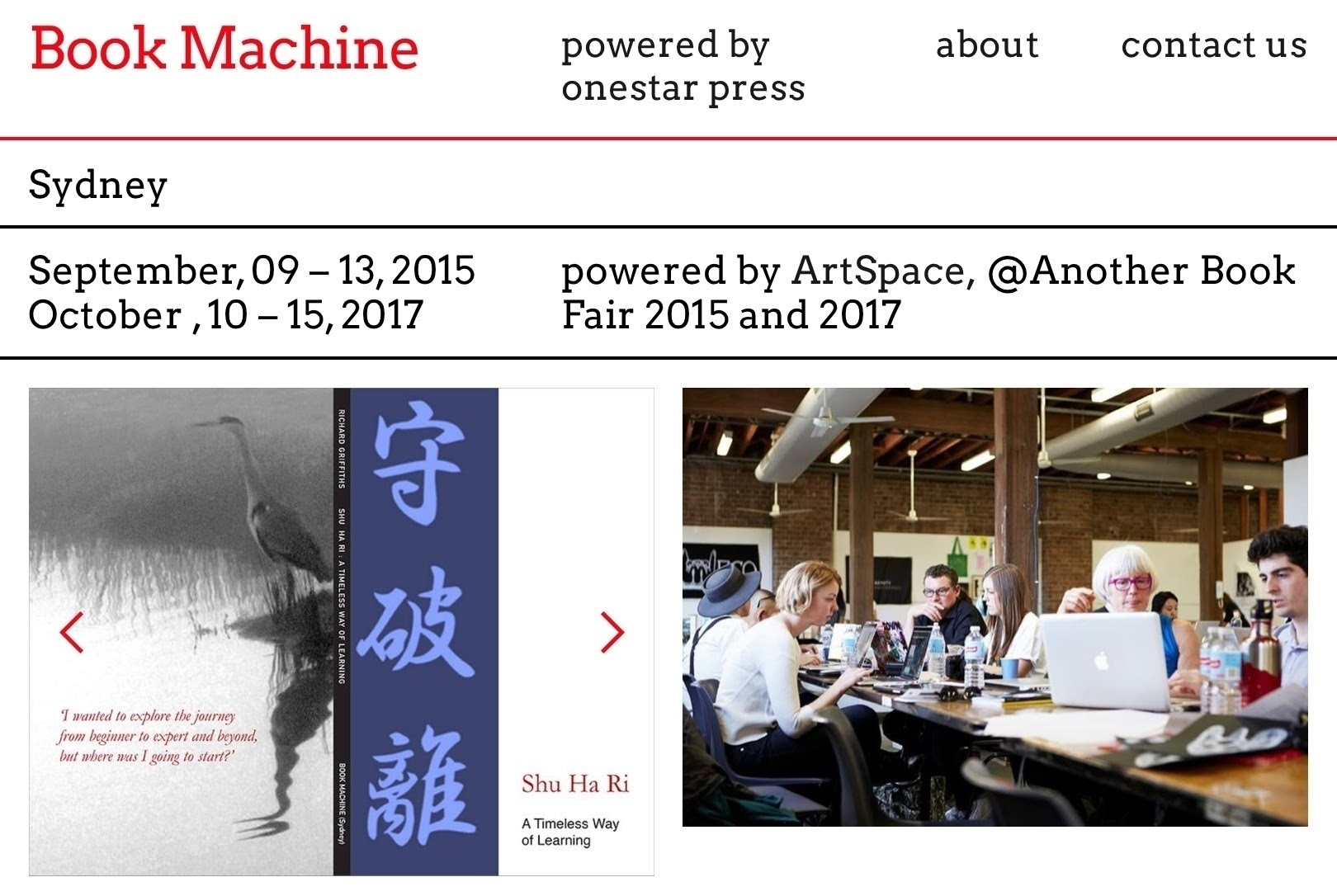 Book Machine's webpage features event details for Sydney, with a focus on the ArtSpace and Another Book Fair in 2015 and 2017, alongside images of a book cover and people working at tables.