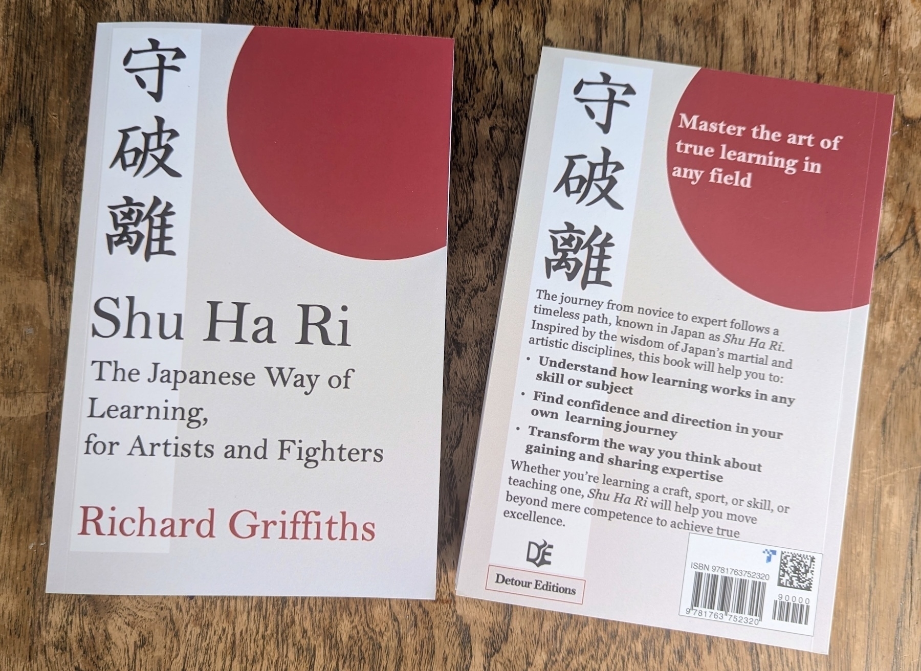 The front and back cover of 'Shu Ha Ri: The Japanese Way of Learning, for Artists and Fighters', with a white and red design,. The back cover introduces the Japanese concept and its application to learning and teaching. It's authored by Richard Griffiths.