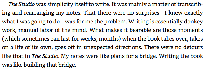 A passage describes John Gregory Dunne's experience writing his book The Studio, likening the predictable process to building a bridge and contrasting it with moments of creative flow.