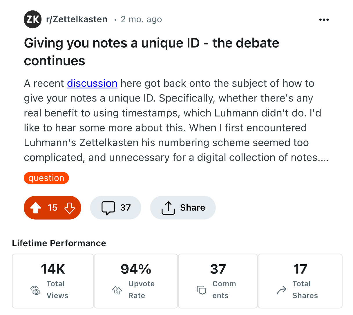 A Reddit post from r/Zettelkasten discusses the debate on assigning unique IDs to notes, mentioning timestamps and Luhmann's method, with engagement metrics displayed below, showing 14,000 total views.