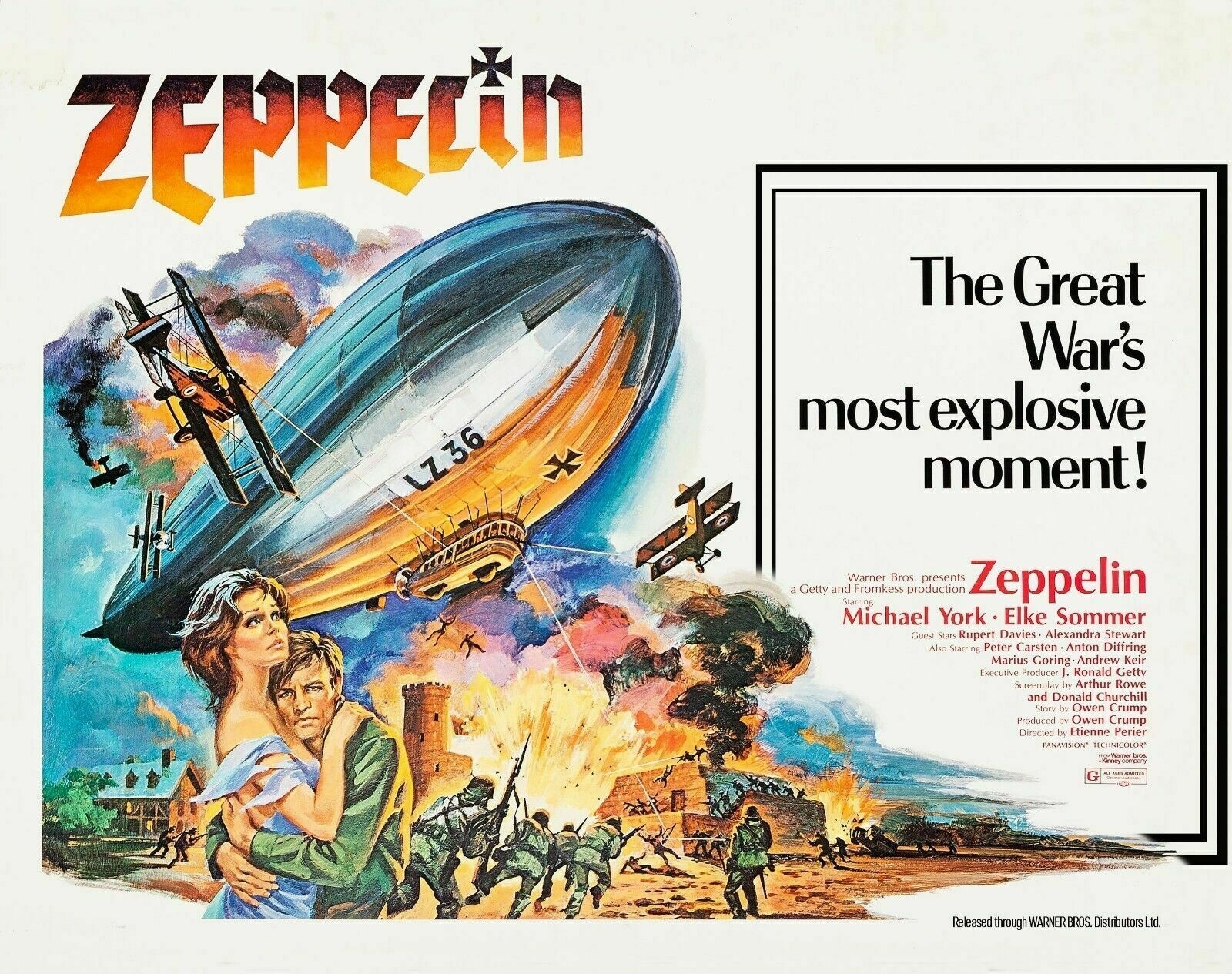 An original poster for the 1971 movie Zeppelin. It shows a dramatic scene with a large zeppelin flying over a battlefield, a couple embracing in the foreground, and explosions occurring near the soldiers below.