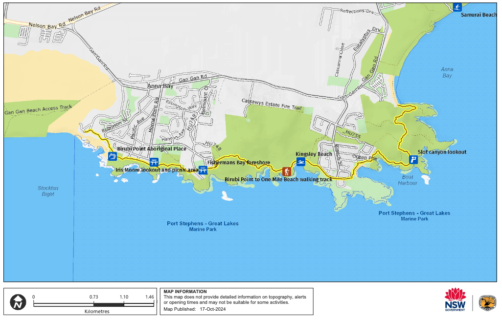 A coastal walking track map highlighting points of interest and access paths around Tomaree National Park in New South Wales, Australia.