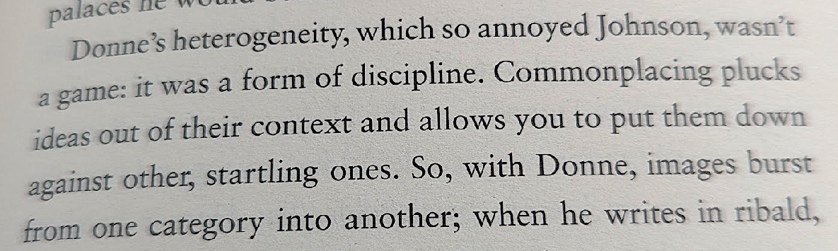A passage discussing Donne's heterogeneity and the concept of commonplacing, highlighting how it juxtaposes ideas and allows images to transition between categories. Page 39 of Katherine Rundell's book, Super-Nature.