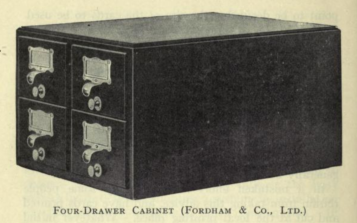 Auto-generated description: A four-drawer cabinet with decorative handles and label holders is shown in this image.