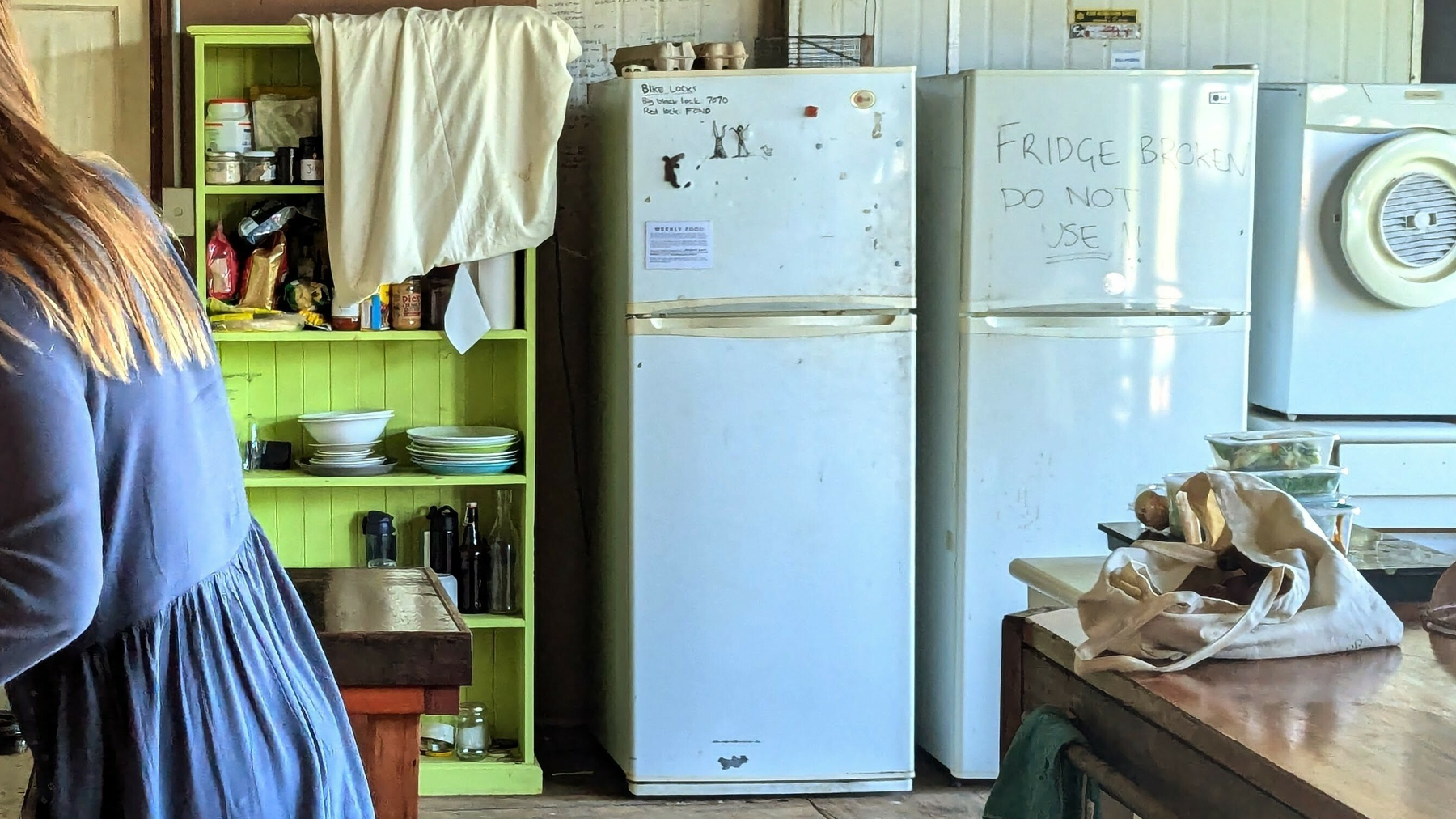 A kitchen scene featuring a bright green open pantry shelf, two refrigerators (one labeled Fridge Broken DO NOT USE), and a person in a blue dress partially visible.