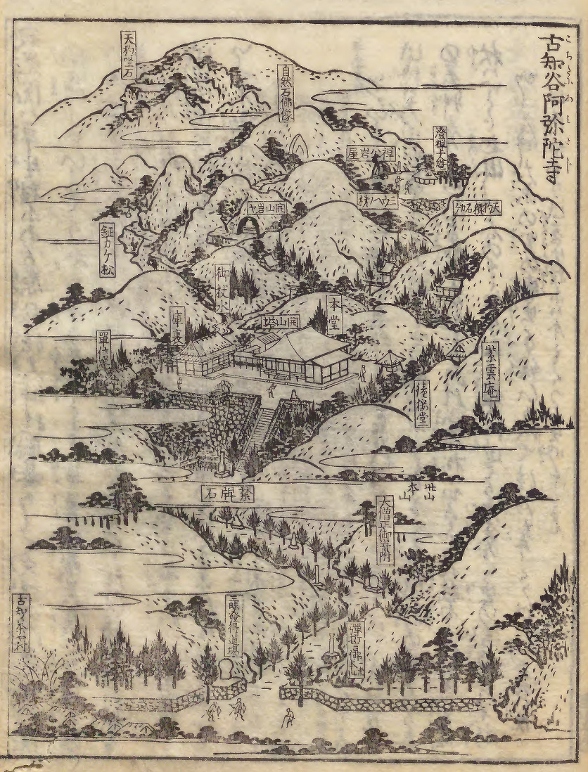 A traditional Japanese ink drawing depicts a detailed mountainous landscape with labeled temples, buildings, trees, and pathways.