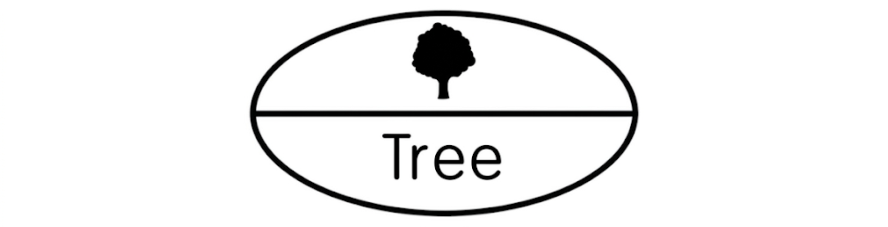 An oval-shaped label contains a black silhouette of a tree above the word Tree, separated by a horizontal line.