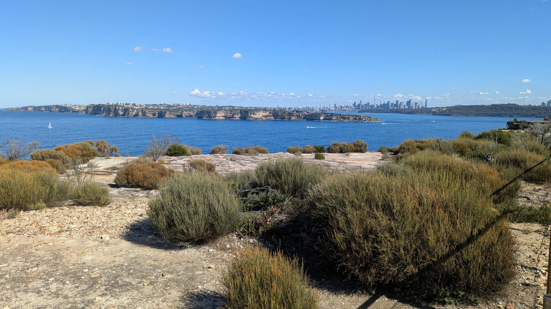 A coastal landscape with the rocky terrain and shrubs of North Head, Sydney, overlooks a blue body of water with South Head and a distant city skyline, Sydney CBD, on the horizon.