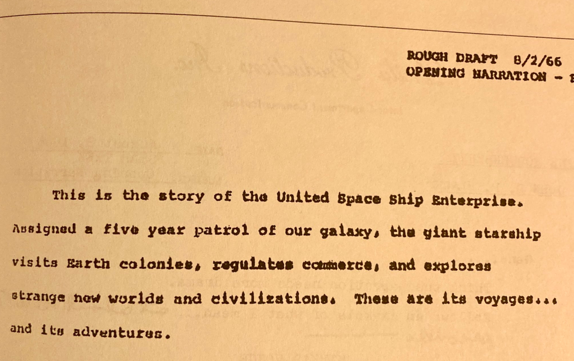 A rough draft script dated 8/2/66 outlines the opening narration for a story about the United Space Ship Enterprise on a five-year mission exploring new worlds and civilizations.