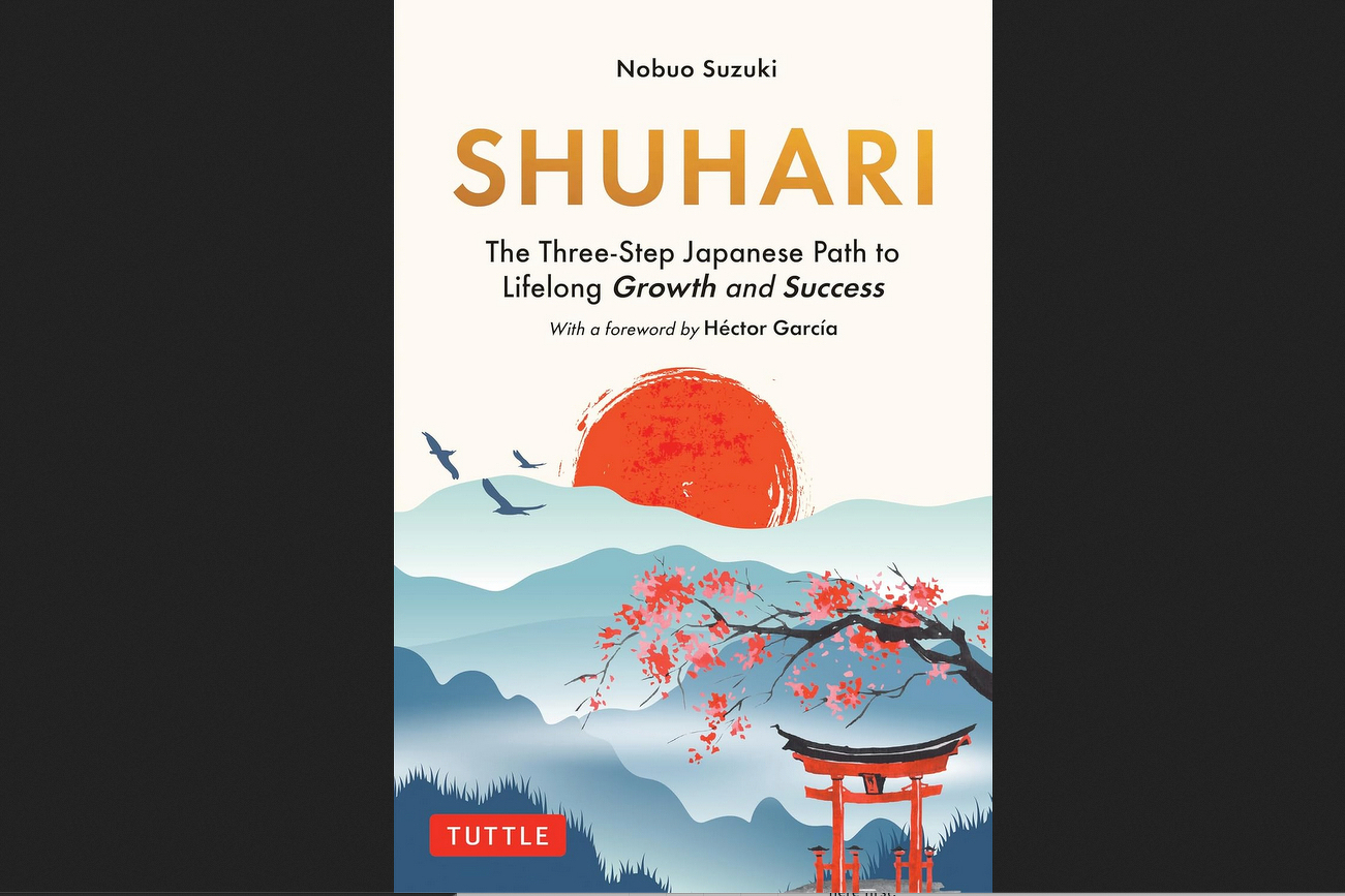 A book cover for Shuhari by Nobuo Suzuki features a striking design with a red sun, mountains, and a torii gate framed by cherry blossoms.