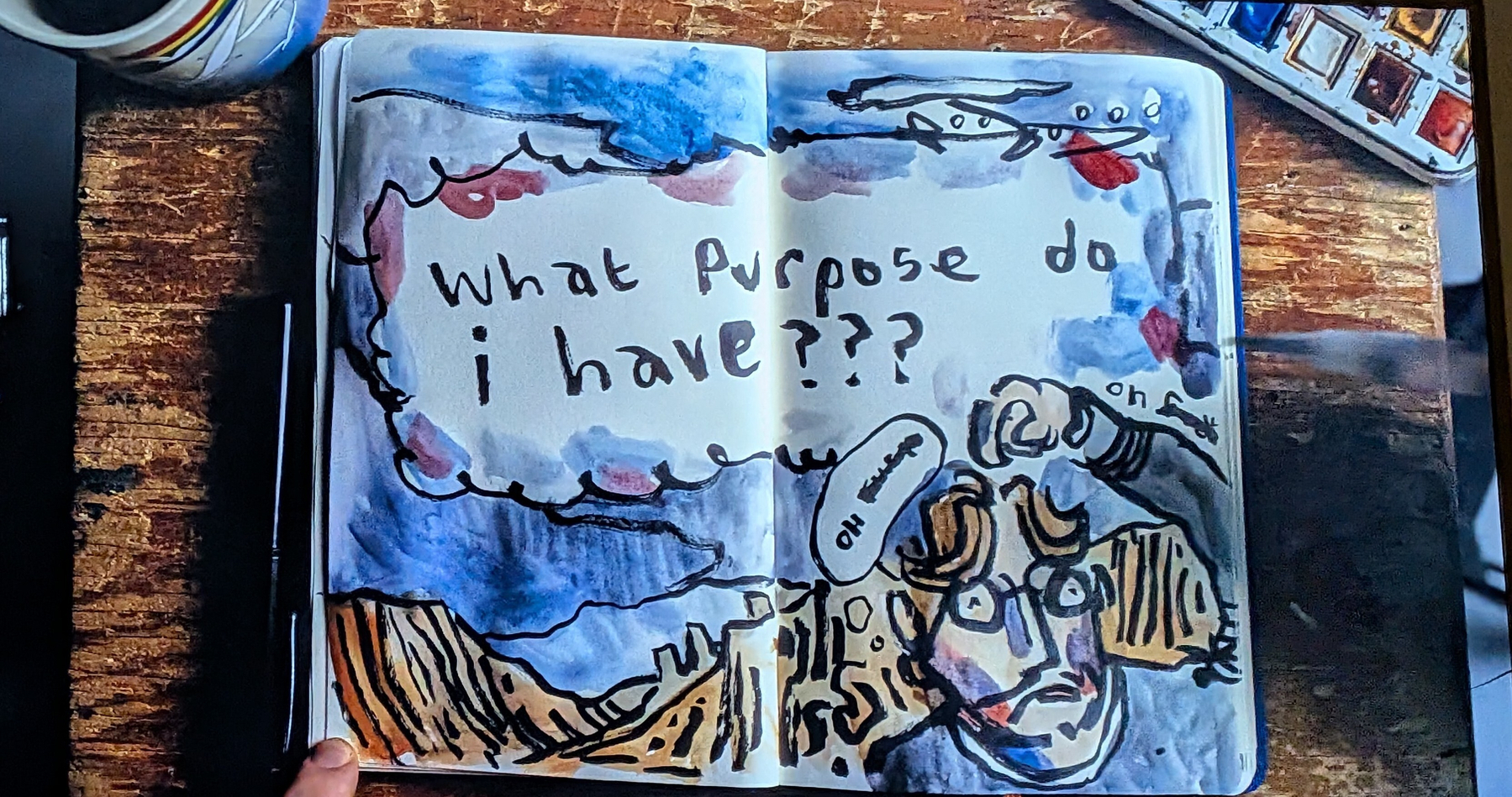 A hand-painted journal page shows a person with glasses and a thought bubble asking, What purpose do I have??? surrounded by abstract shapes and colors.