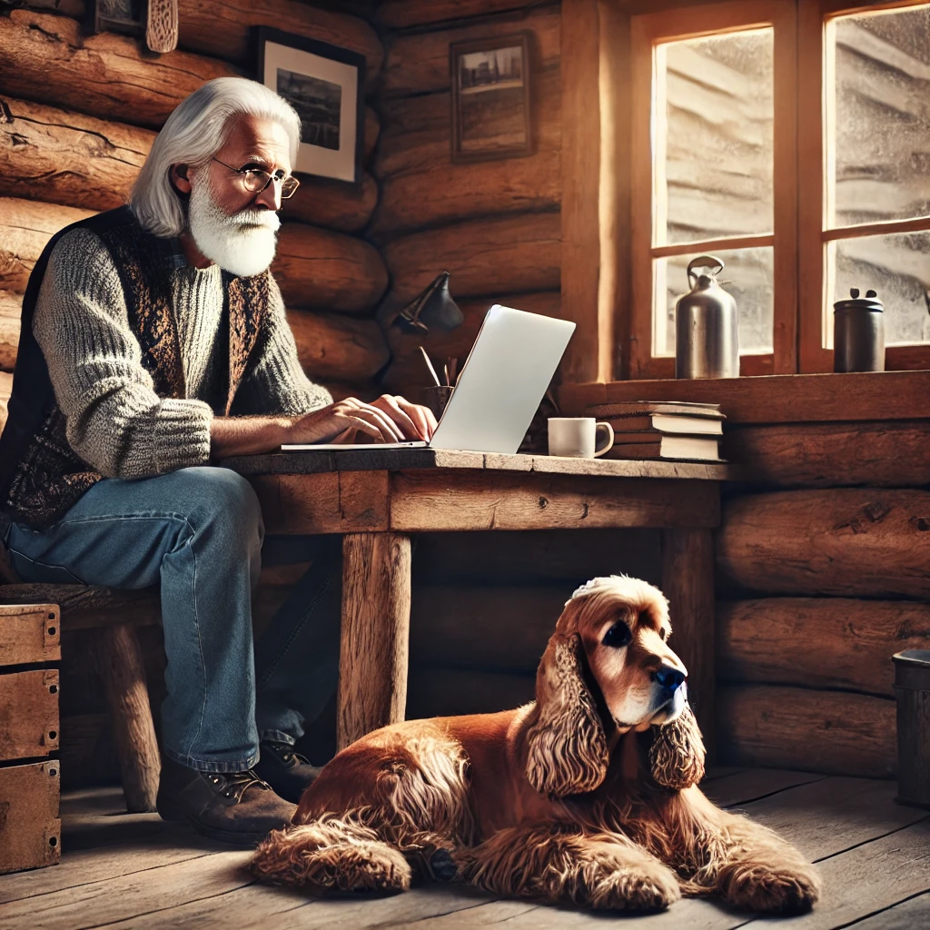 An elderly man with a white beard is working on a laptop at a wooden desk in a cozy log cabin while a dog rests on the floor beside him.