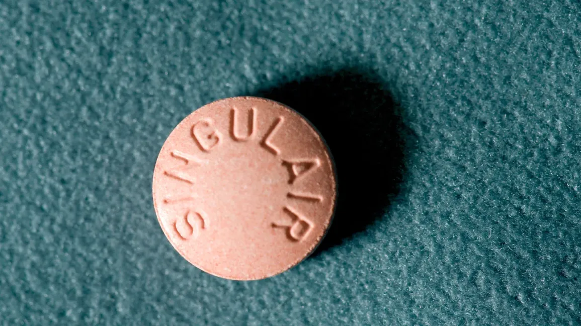 A photo of a round, orange-ish pill with the word SINGULAIR imprinted on it.