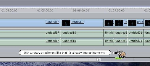 Bruce on a Final Cut Pro timeline with a thought bubble: 'With a rotary attachment like that, it's already interesting to me.'
