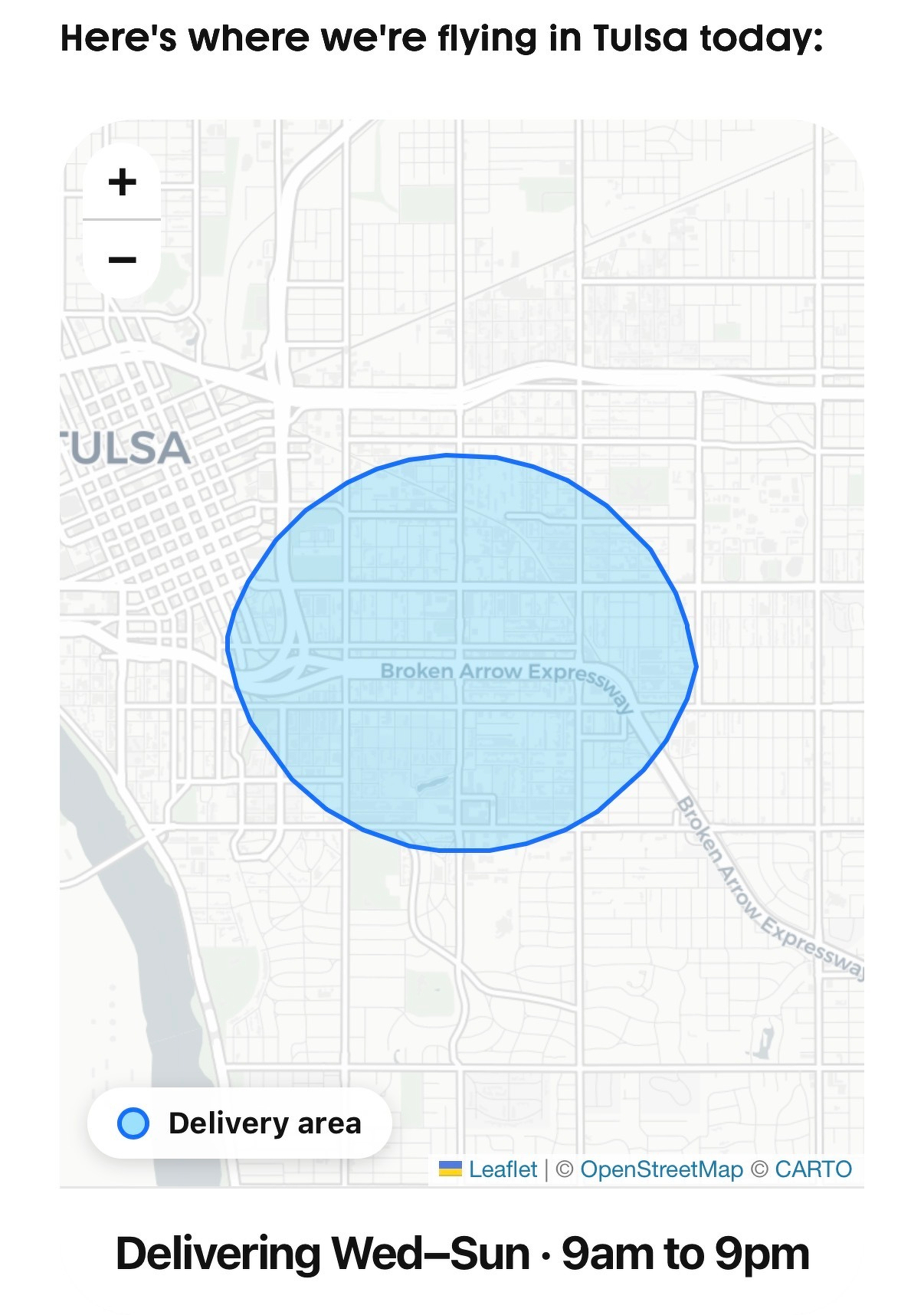 A map highlights the delivery area in Tulsa, centered around the Broken Arrow Expressway. Manna drone delivery launched today, August 12th 2026 and is starting with deliveries available Wednesday to Sunday from 9am to 9pm.
