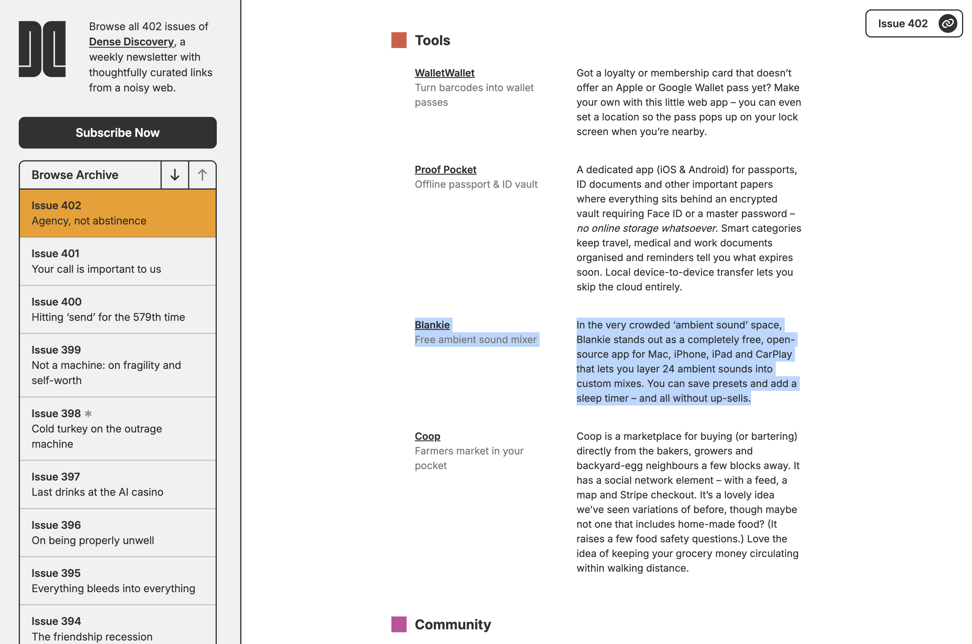 A curated newsletter lists various tools including WalletWallet, Proof Pocket, Blankie, and Coop, with descriptions and a sidebar for browsing previous issues.