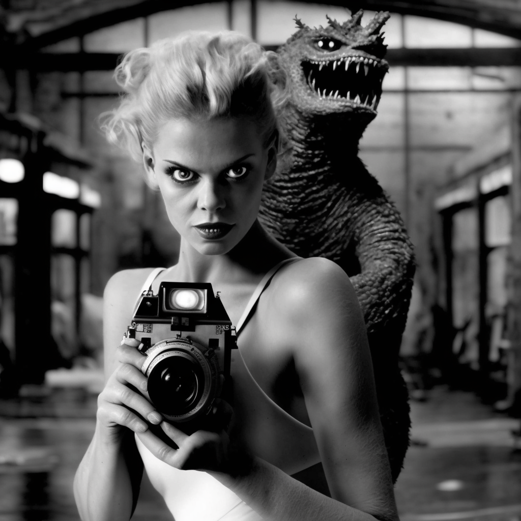 Woman holding a camera with a monster behind her.