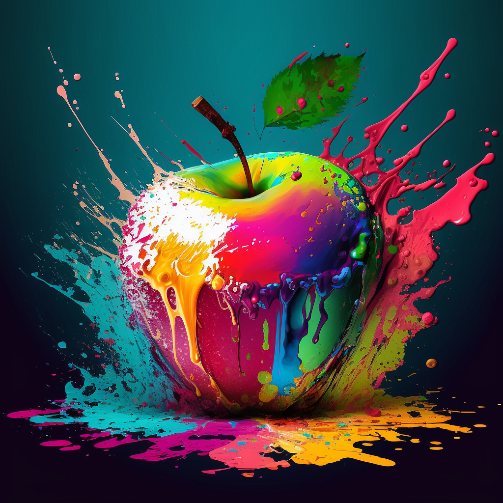 Multicolor paint splashing on an apple.