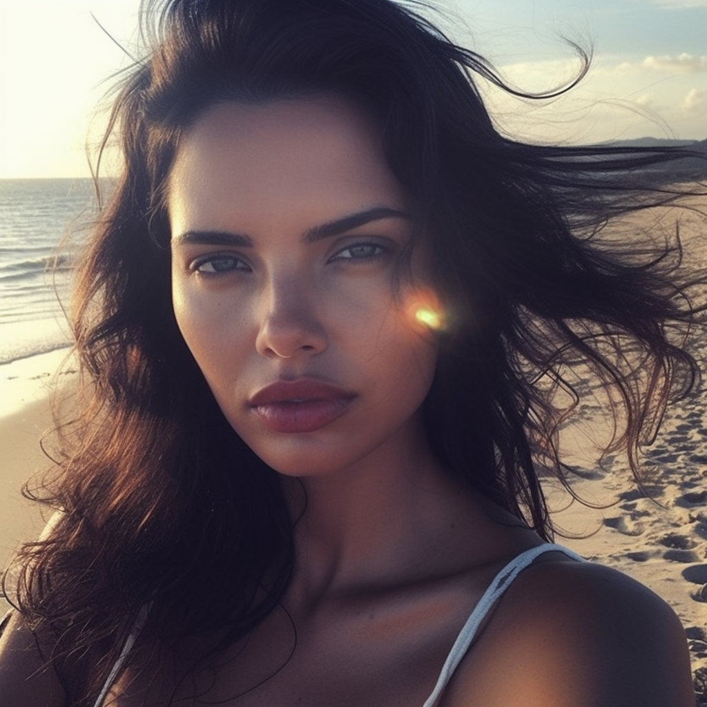AI image of model Adriana Lima on the beach. 