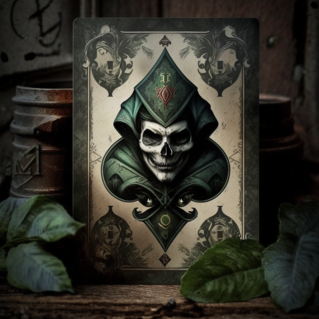 Skull playing card dressed in green.