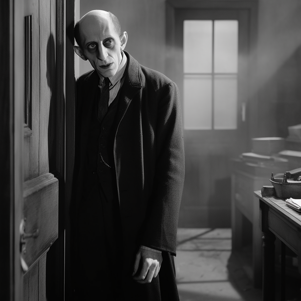 Nosferatu leaning agaainst an open door. 