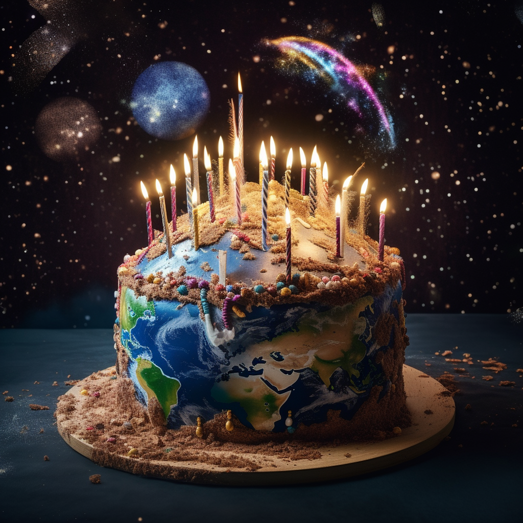 Earth as a birthday cake in space with candles and sparkles.