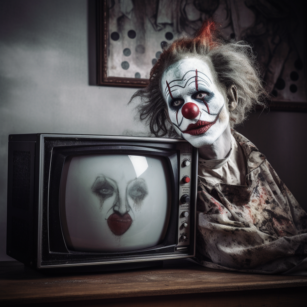 A clown sitting next to a tube television.