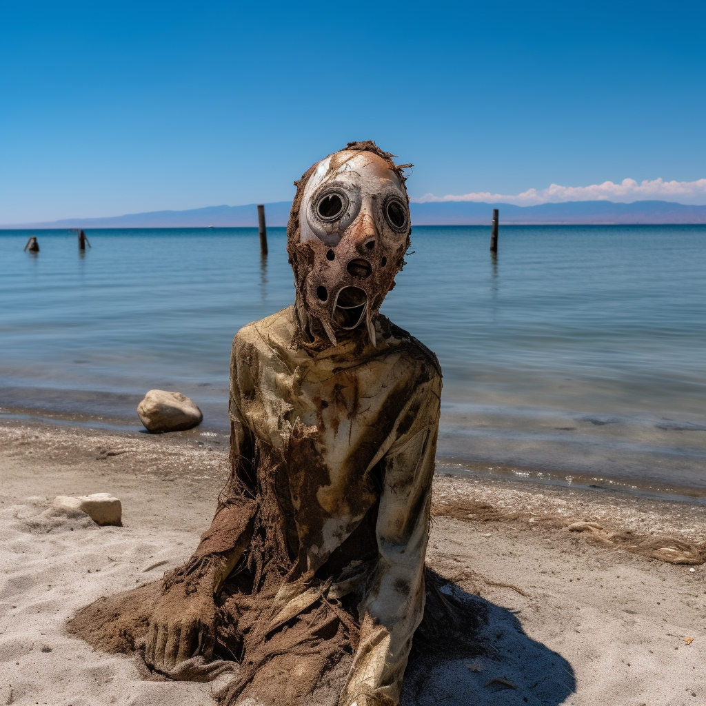 A sand creature wearing a mask on the beach.