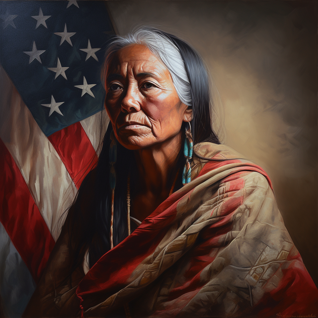Older Indian woman wrapped in a Chrokee blanket sitting in front of an American flag.
