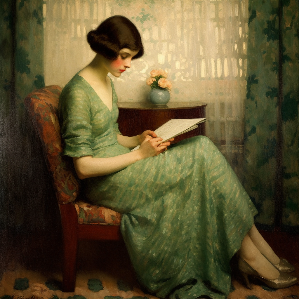 A young woman in a green dress reading.
