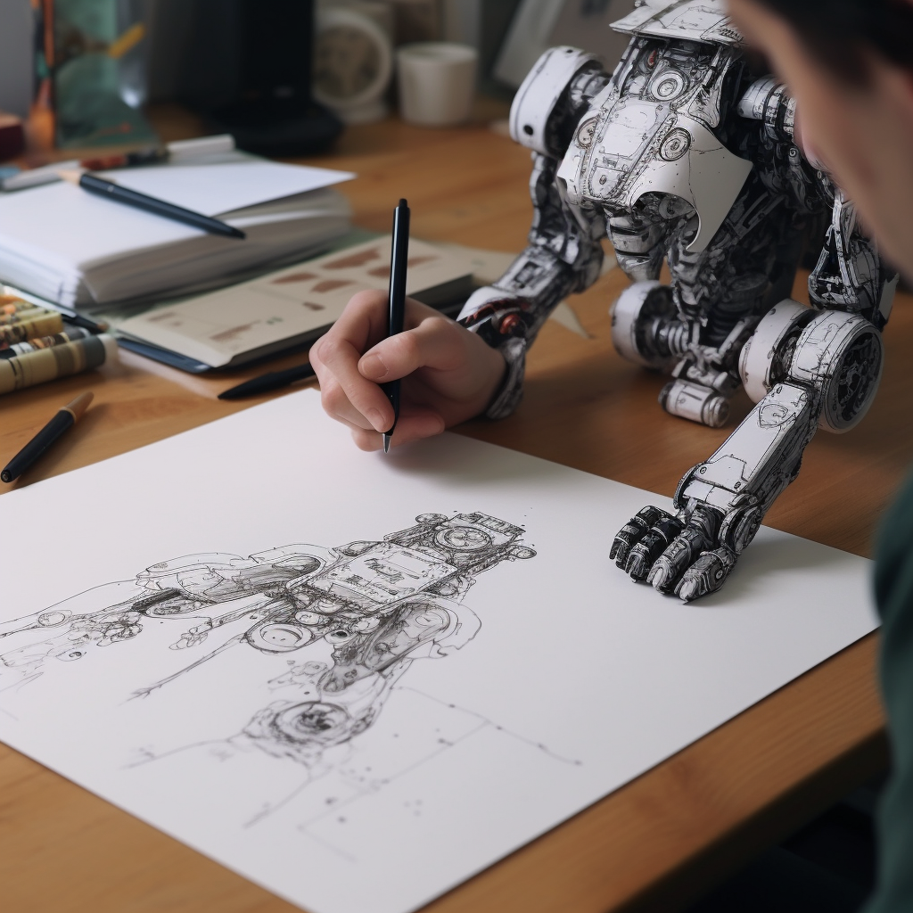 A Bot with a Human Hand drawing itself with pen and paper. 