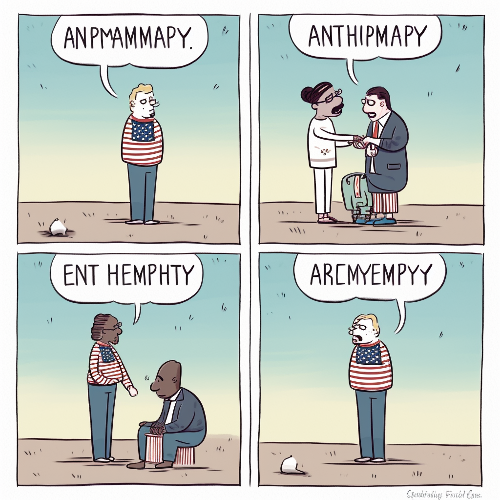 "American Empathy" cartoon. A man alone seeking company and not finding it.
