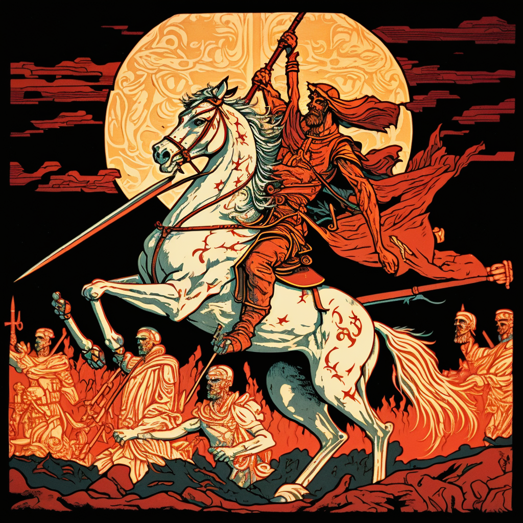 A red Pale Rider on a white horse.