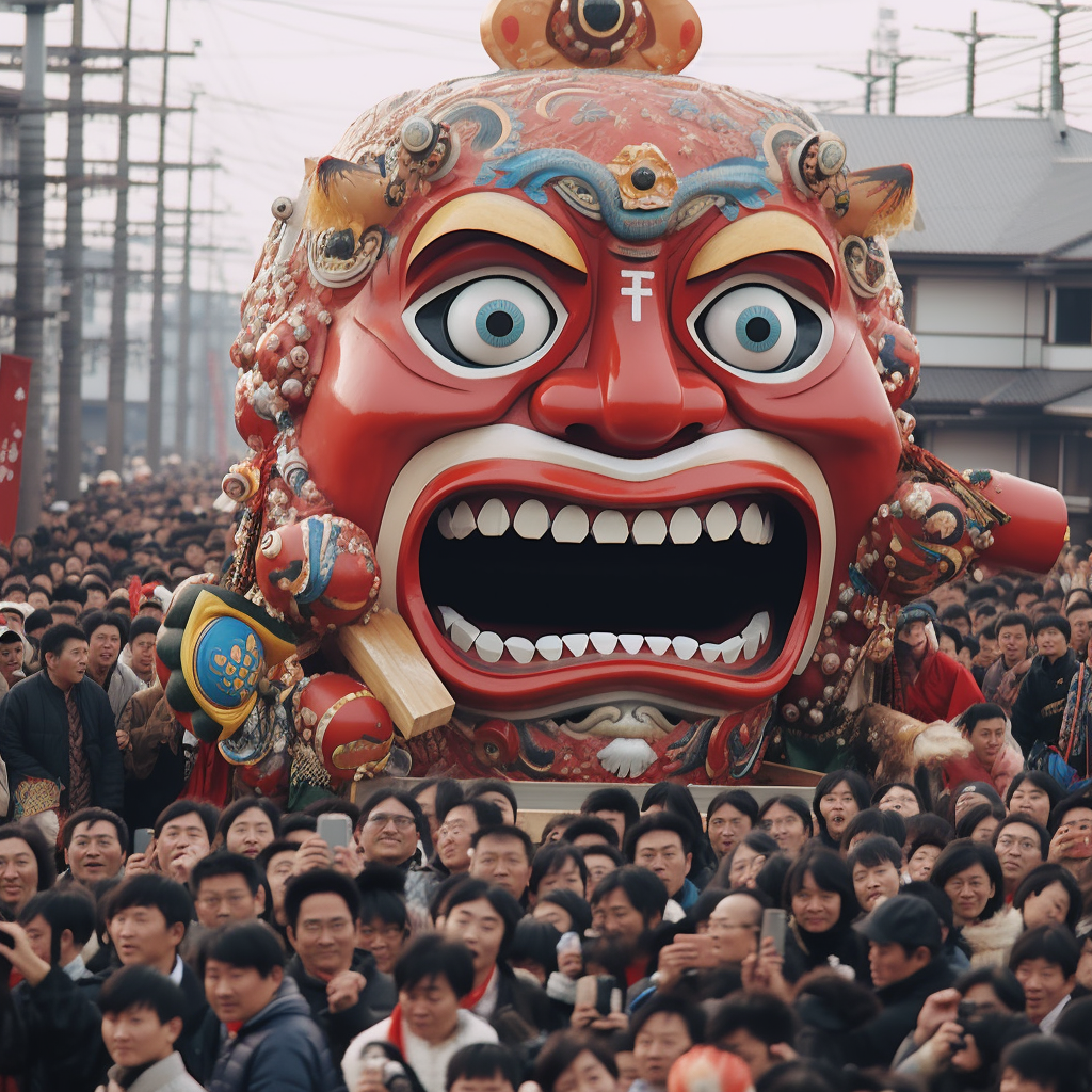 Setsubun festival with a giant red mask in a crowd.