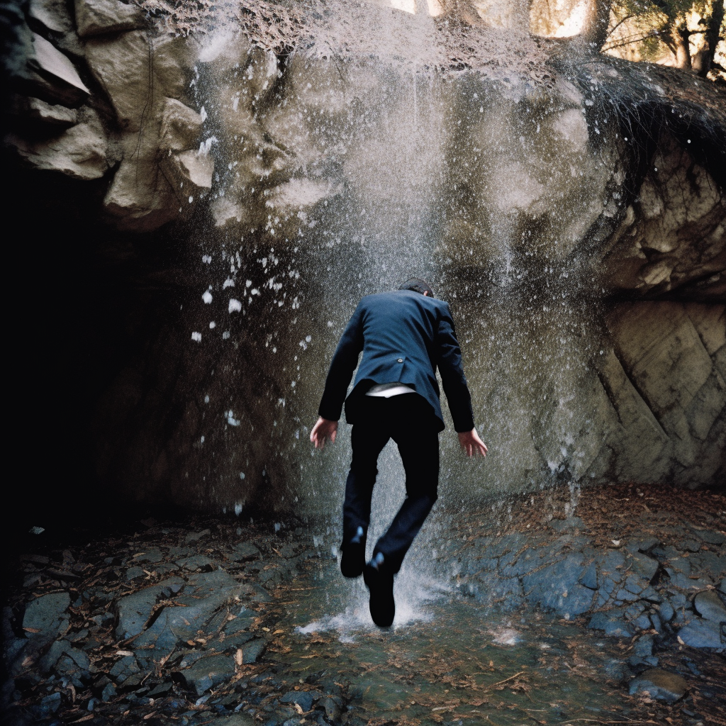 Man hanging in midair in a waterfall.